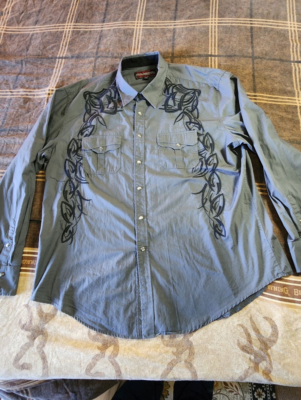 Rock And Roll Cowboy XXL Long Sleeve Button Up Shirt Gray Embroidered Two Pocket